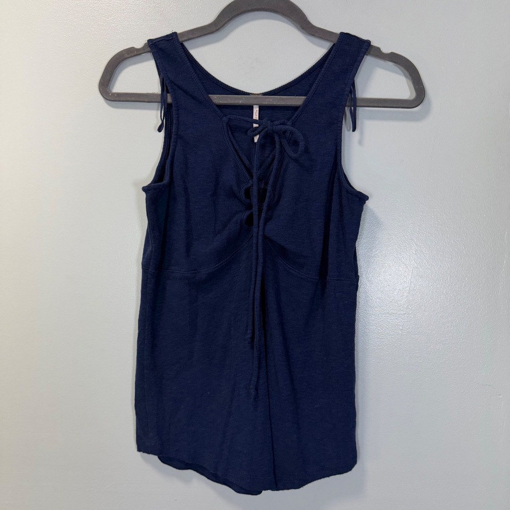 Free People Womens Blue Lace Up V-Neck Sleeveless Tank Top Size Large